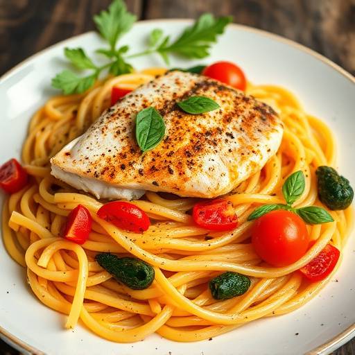 A traditional Calabrian meal featuring pasta with 'nduja, grilled swordfish, and a side of roasted vegetables