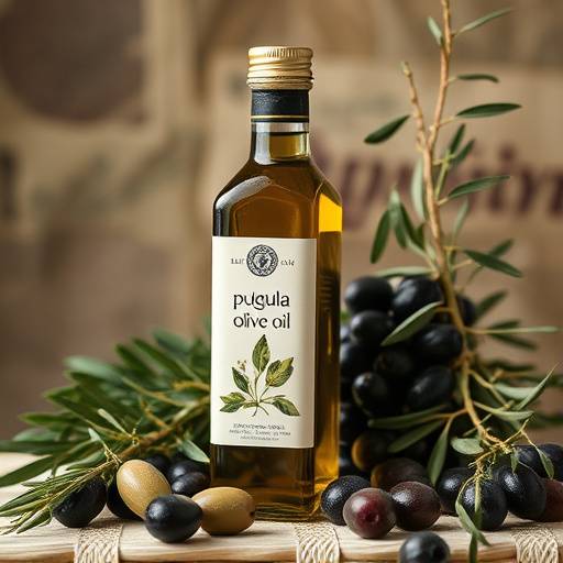 Close-up of a bottle of artisanal olive oil from Puglia, with olives and herbs displayed around it.