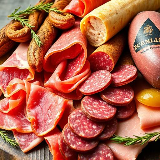 Selection of cured meats including prosciutto and salami